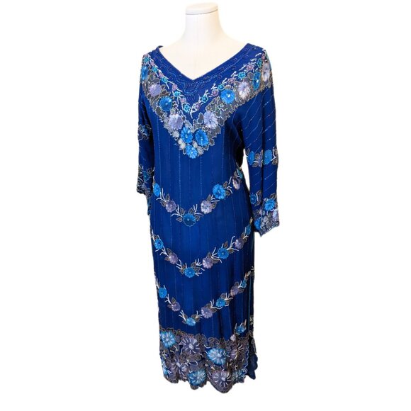 Vintage 70s Painted & Beaded Chiffon Dress from Germany Formal Prom Gown Sz L - Picture 3 of 16